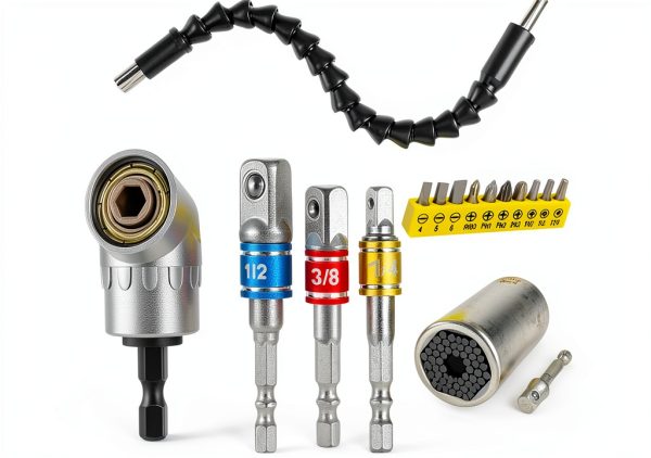 Flexible Drill Bit Extension and Universal Socket Wrench Tool Set, 105° Right Angle Drill Attachment, 1/4 3/8 1/2" Universal Socket Adapter Set, Screwdriver Bit Kit-0